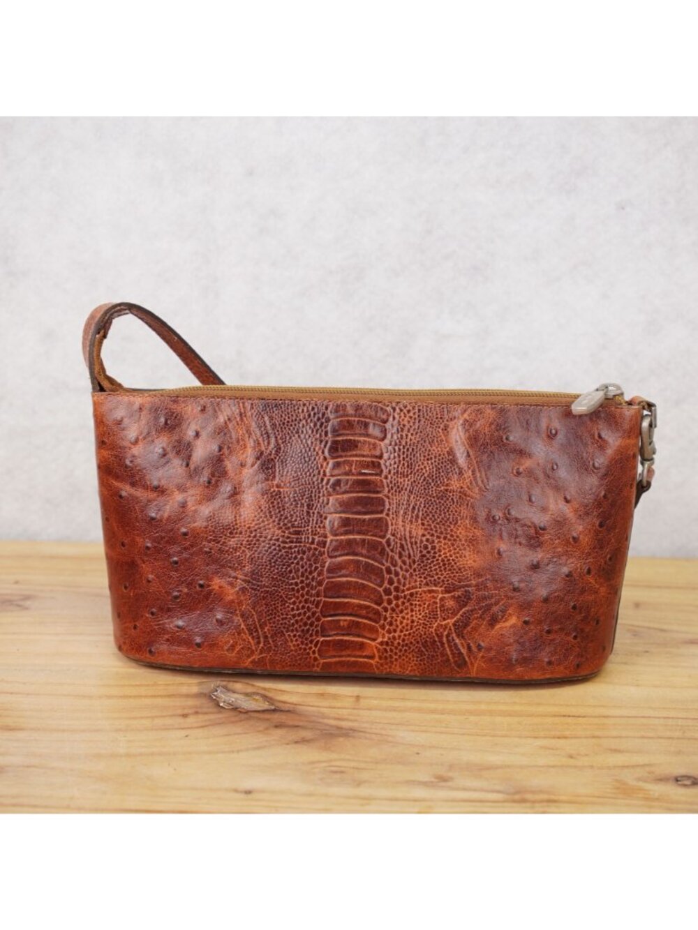 Prune Womens Brown Ostrich Leather HandBag Stylish Shoulder Bag Zippered Pouch - Picture 2 of 15